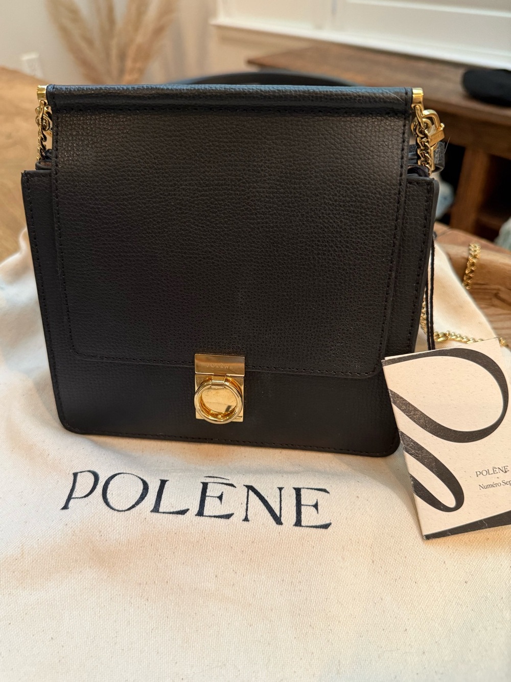 Polène Numéro Sept Mini in Black Textured Italian Calf Leather